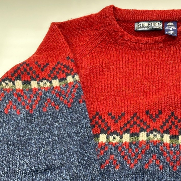 VTG 90s Structure Sweater Mens M Pullover Ski  100% Wool Geometic  Design Baggy - Picture 3 of 7